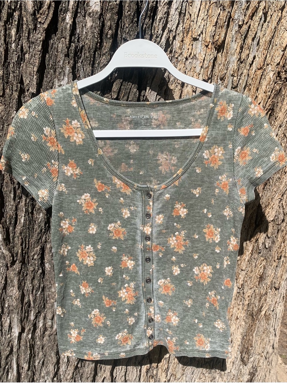 American Eagle Outfitters Sage Green Floral Crop Top with Orange Flowers